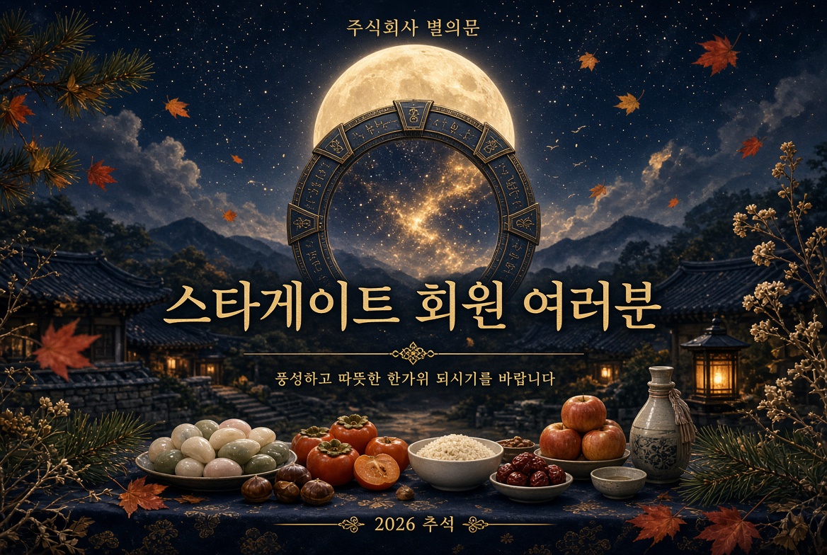 주식회사 별의문, 스타게이트 회원 여러분. 풍성하고 따뜻한 한가위 되시기를 바랍니다. 2026 추석